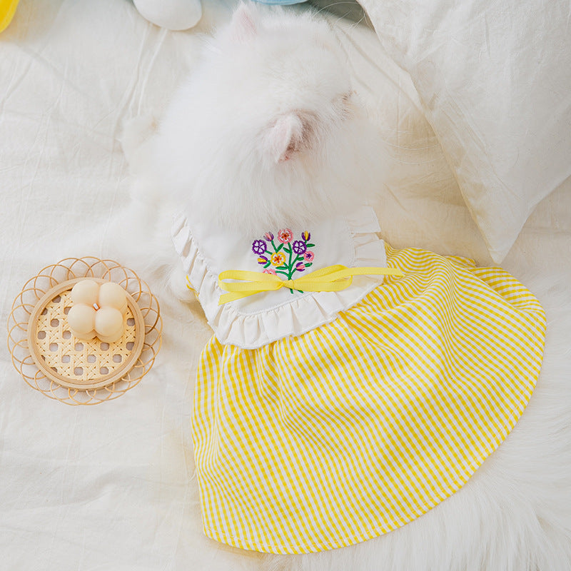 Summer Embroidered Plaid Pet Skirt Kitten Breathable Dog Skirt