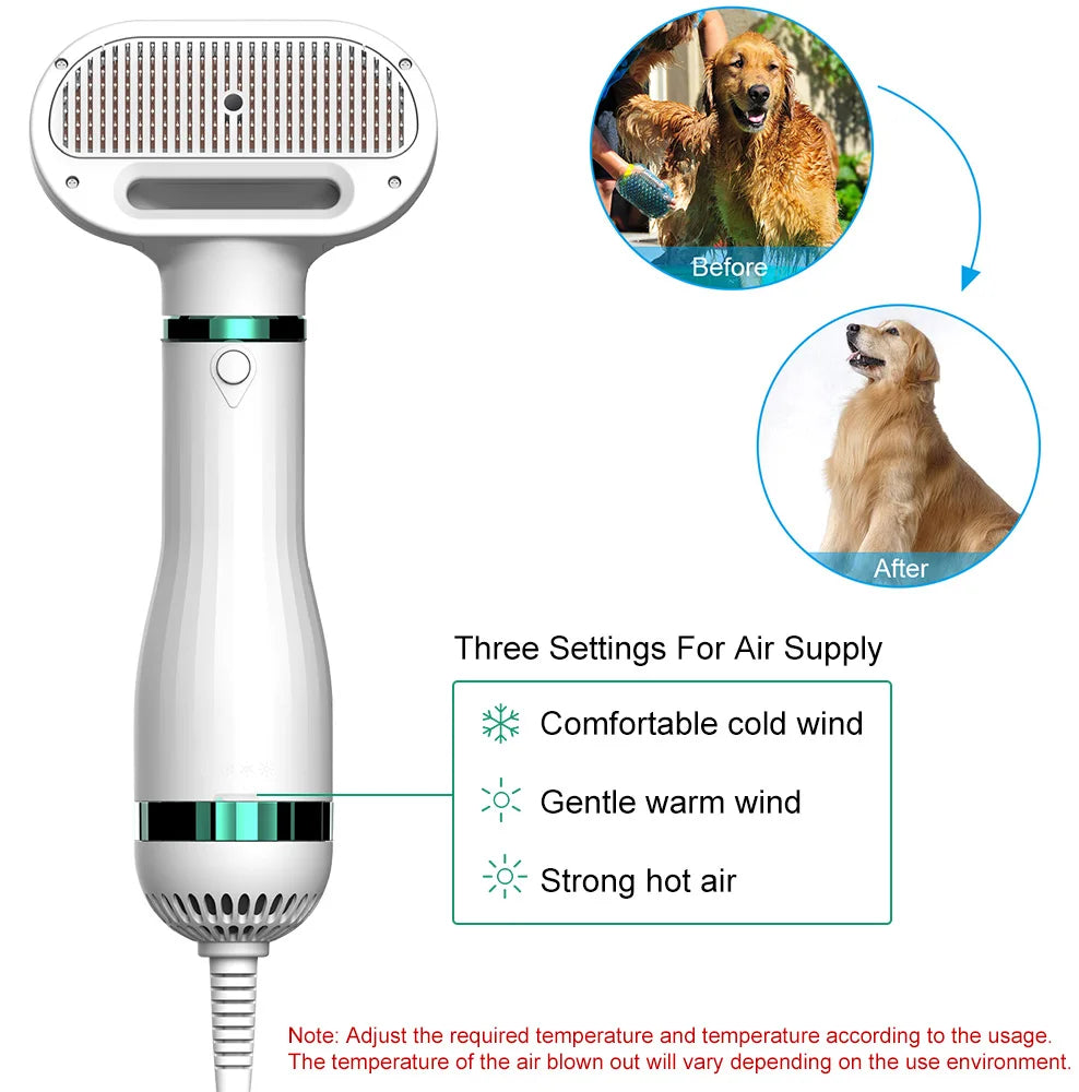 2-In-1 Pet Hair Dryer Brush Grooming Blower Smart Adjustable Temperatures Settings