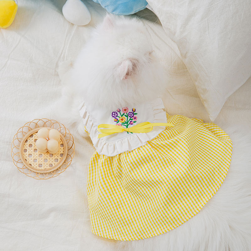 Summer Embroidered Plaid Pet Skirt Kitten Breathable Dog Skirt