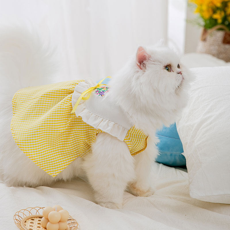Summer Embroidered Plaid Pet Skirt Kitten Breathable Dog Skirt