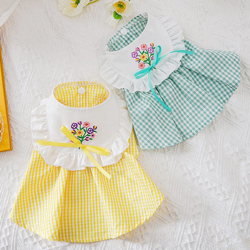 Summer Embroidered Plaid Pet Skirt Kitten Breathable Dog Skirt
