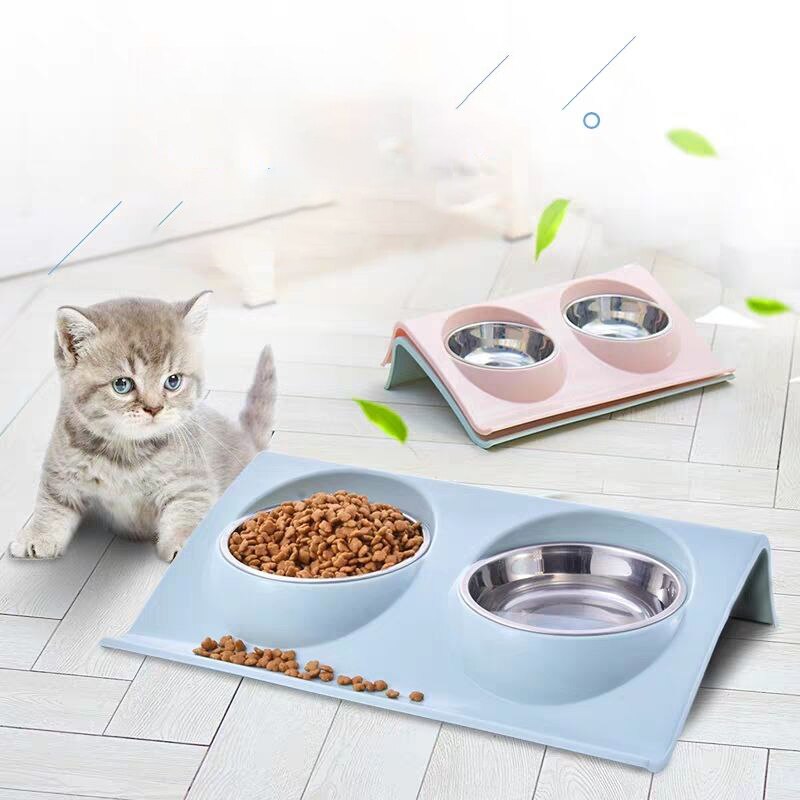Pet Dogs Cats Double Bowls Food Water Feeder Container Dispenser