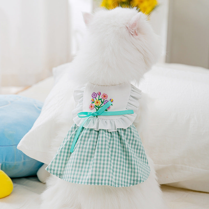 Summer Embroidered Plaid Pet Skirt Kitten Breathable Dog Skirt