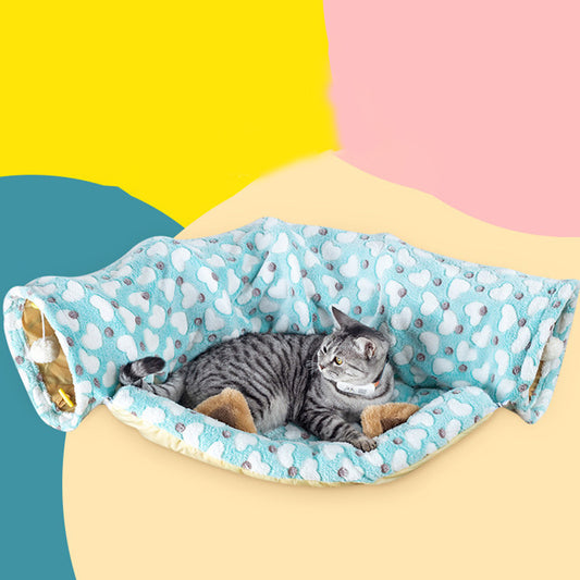 Warm Pet Cat Blue Heart Print Plush Tunnel Toy