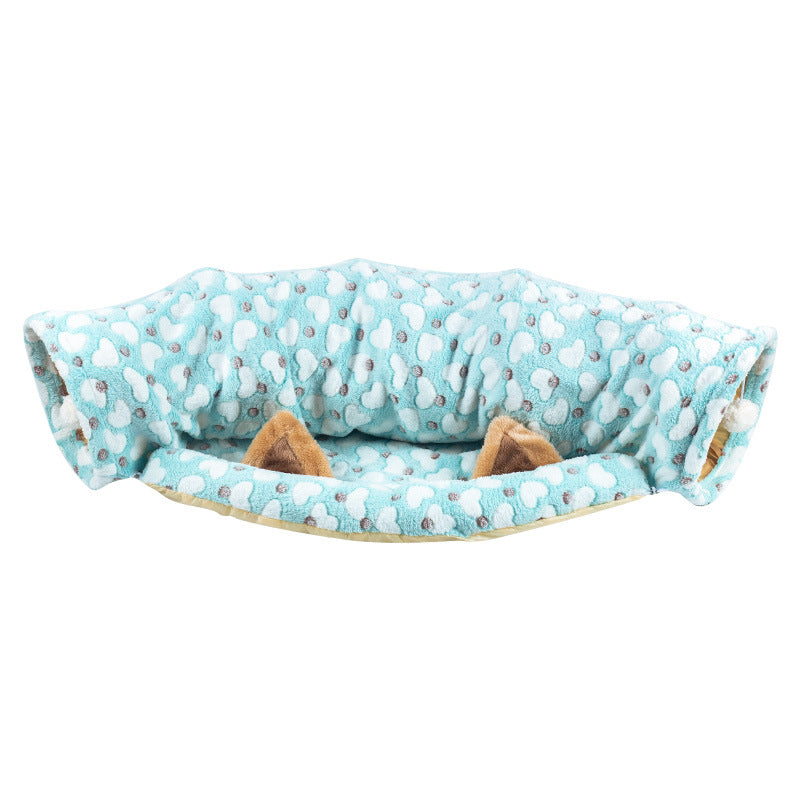 Warm Pet Cat Blue Heart Print Plush Tunnel Toy