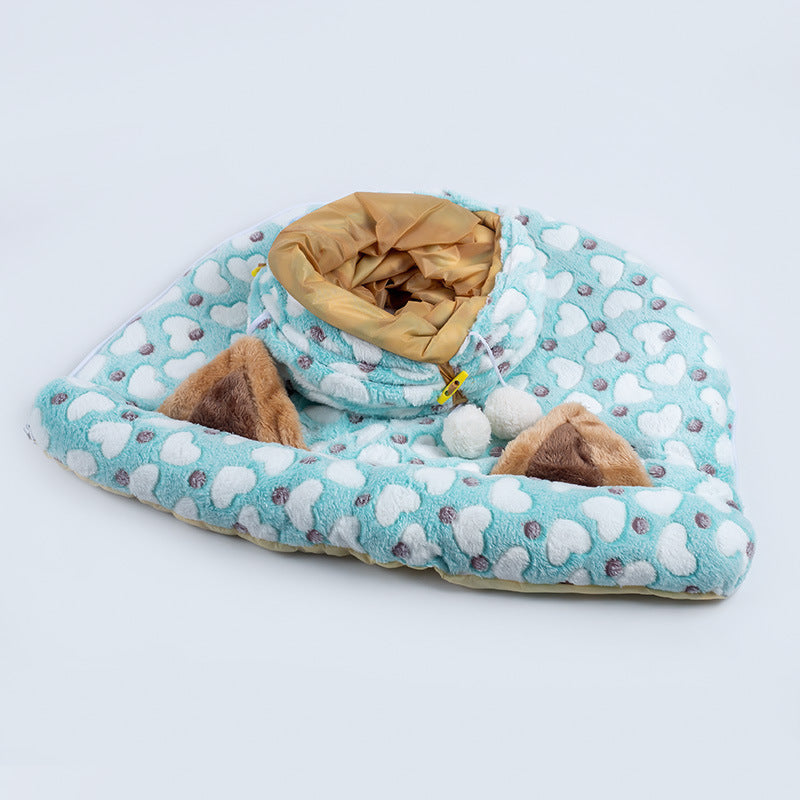 Warm Pet Cat Blue Heart Print Plush Tunnel Toy