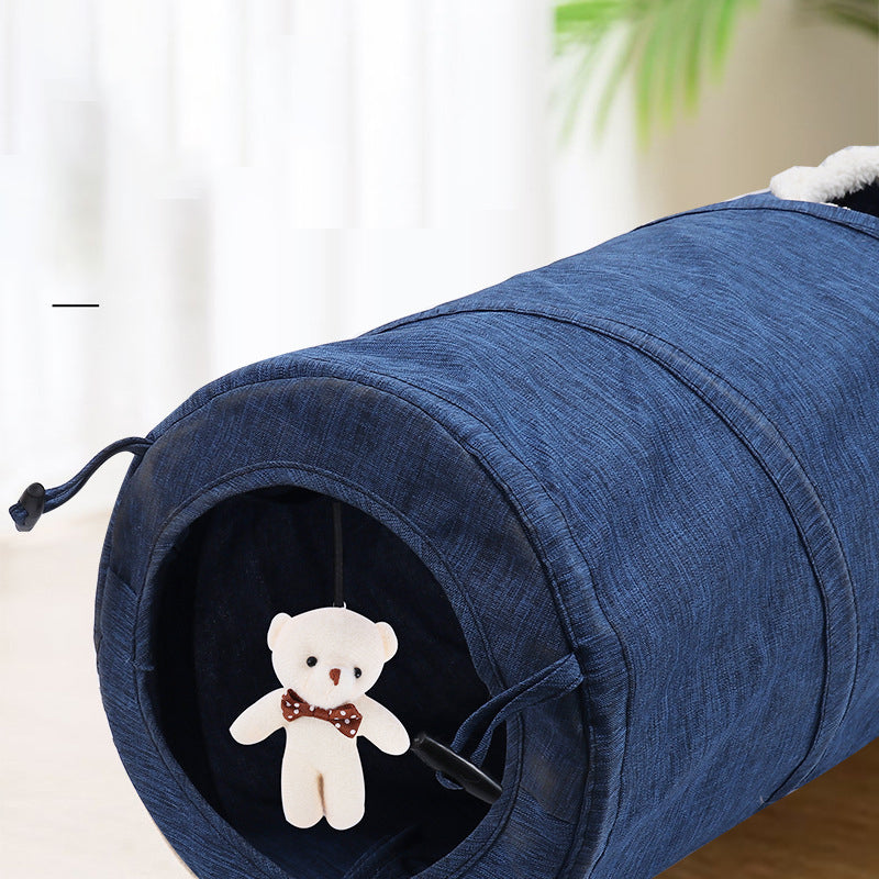 Canvas Cat Pet Play Tunnel With Bear Toy
